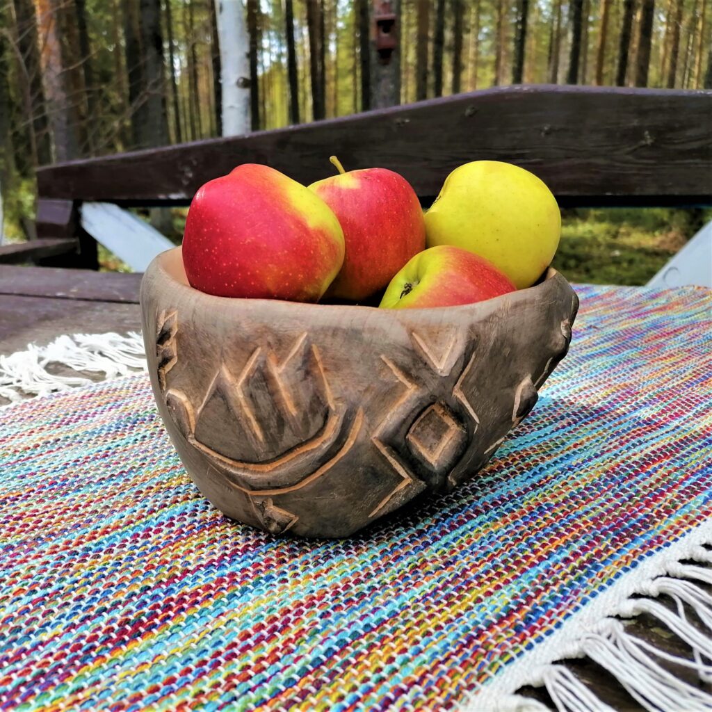 large birch wooden bowl with nordic runes hand carved by witaberget