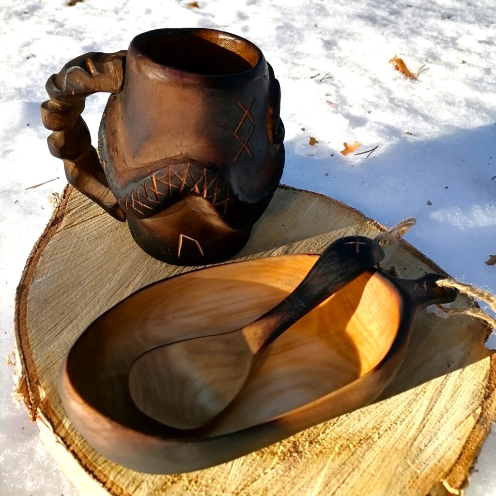 wooden bowl and spoon and a viking beer mug handmade in birch13.03.2025 9