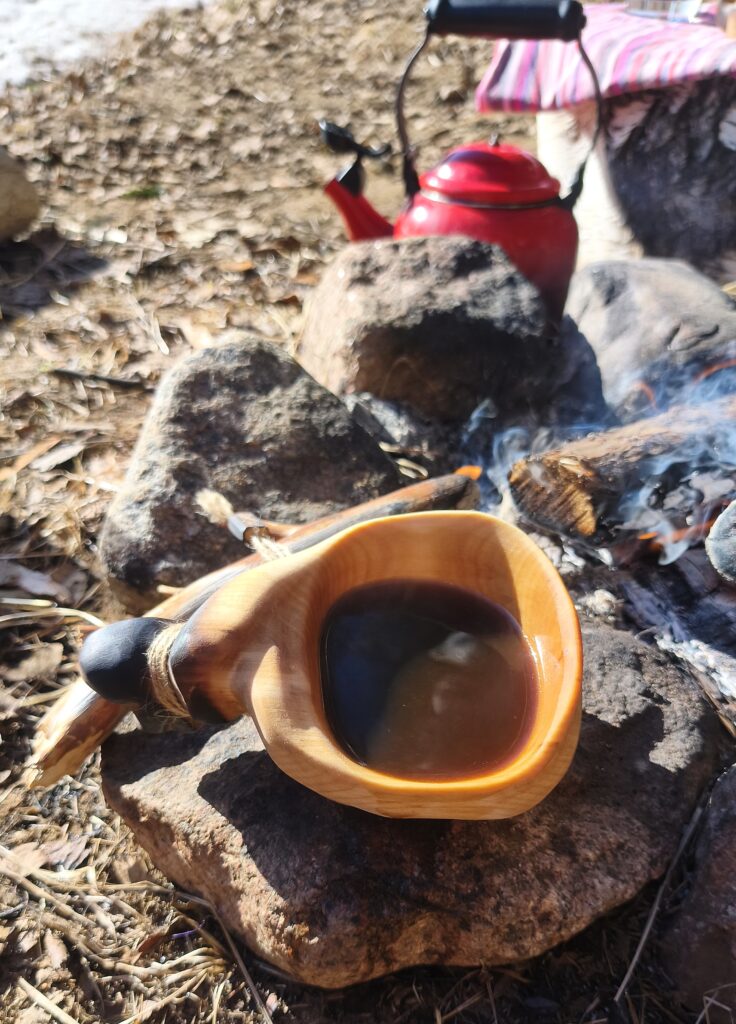 Traditional Scandinavian birch wood kuksa cup for morning coffee, made in Sweden by Witaberget