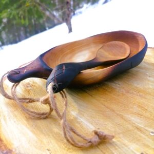 wooden bowl and spoon set handmade in birch wood in medieval style