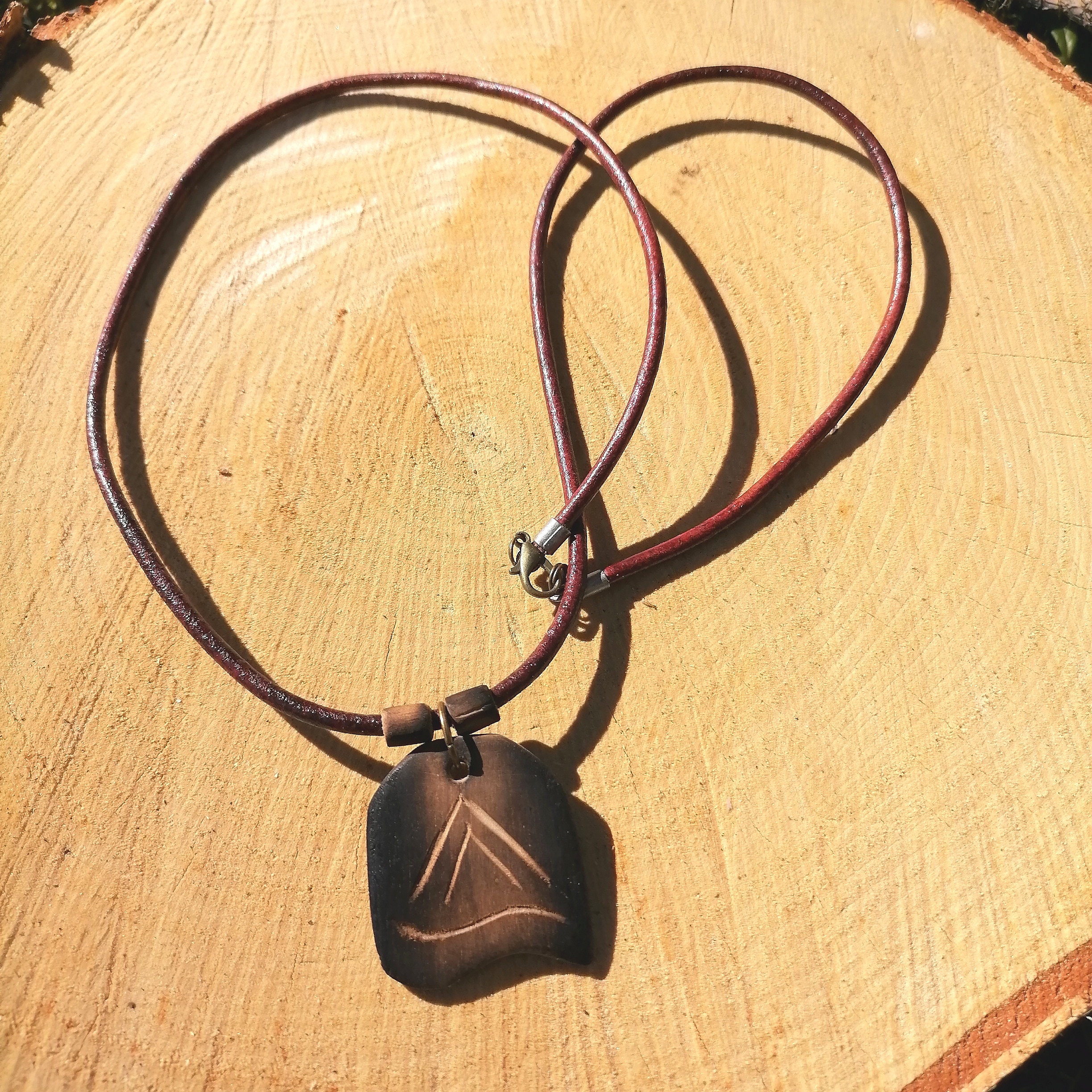 Handmade Birch Wood Necklace with Leather Cord Unisex Nature Jewelry