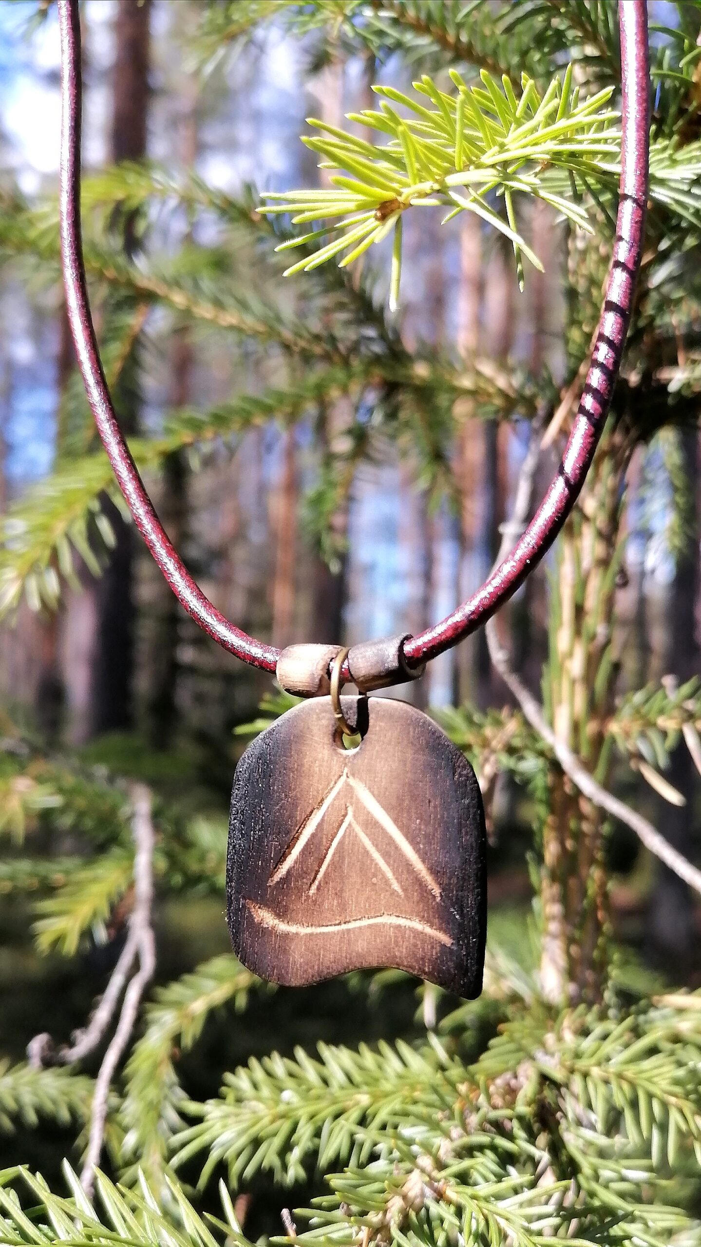 Handmade Birch Wood Necklace with Leather Cord Unisex Nature Jewelry