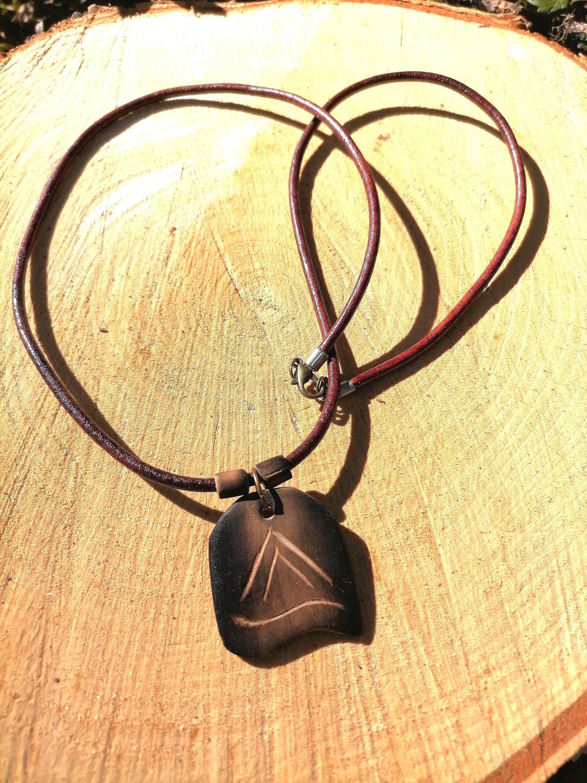 Handmade Birch Wood Necklace with Leather Cord Unisex Nature Jewelry