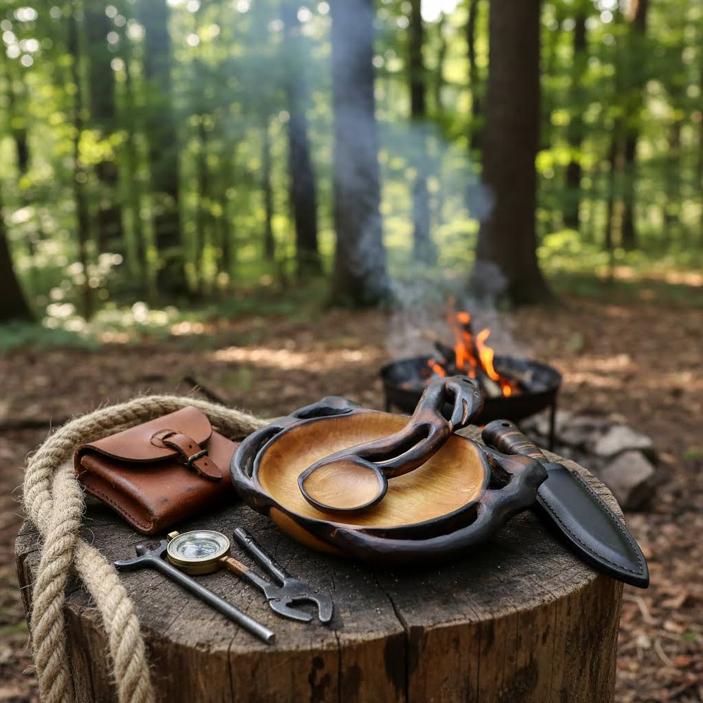 dinner plate and spoon set handmade in birch
