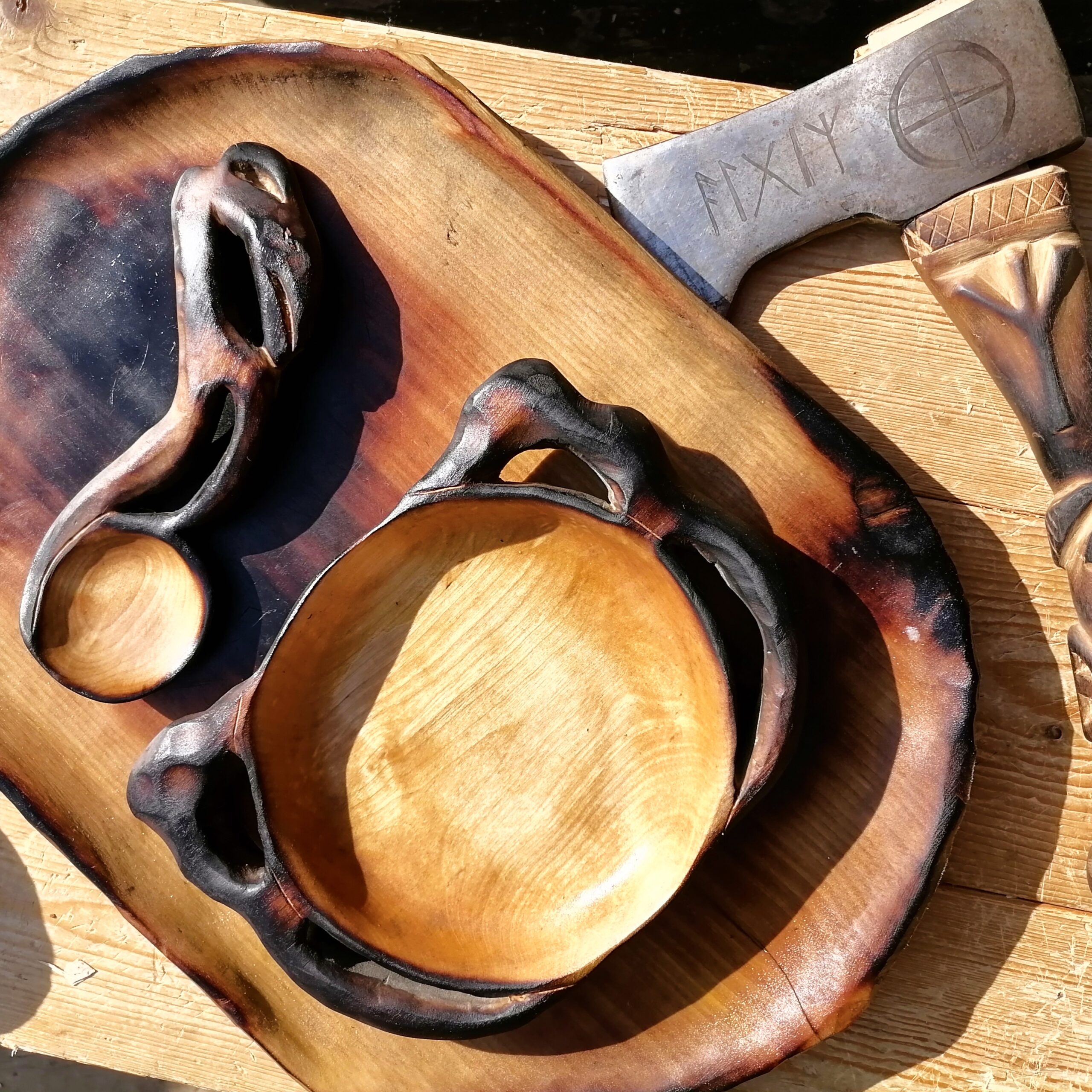 wooden dinner plate & wooden spoon set handmade in birch wood by Witaberget