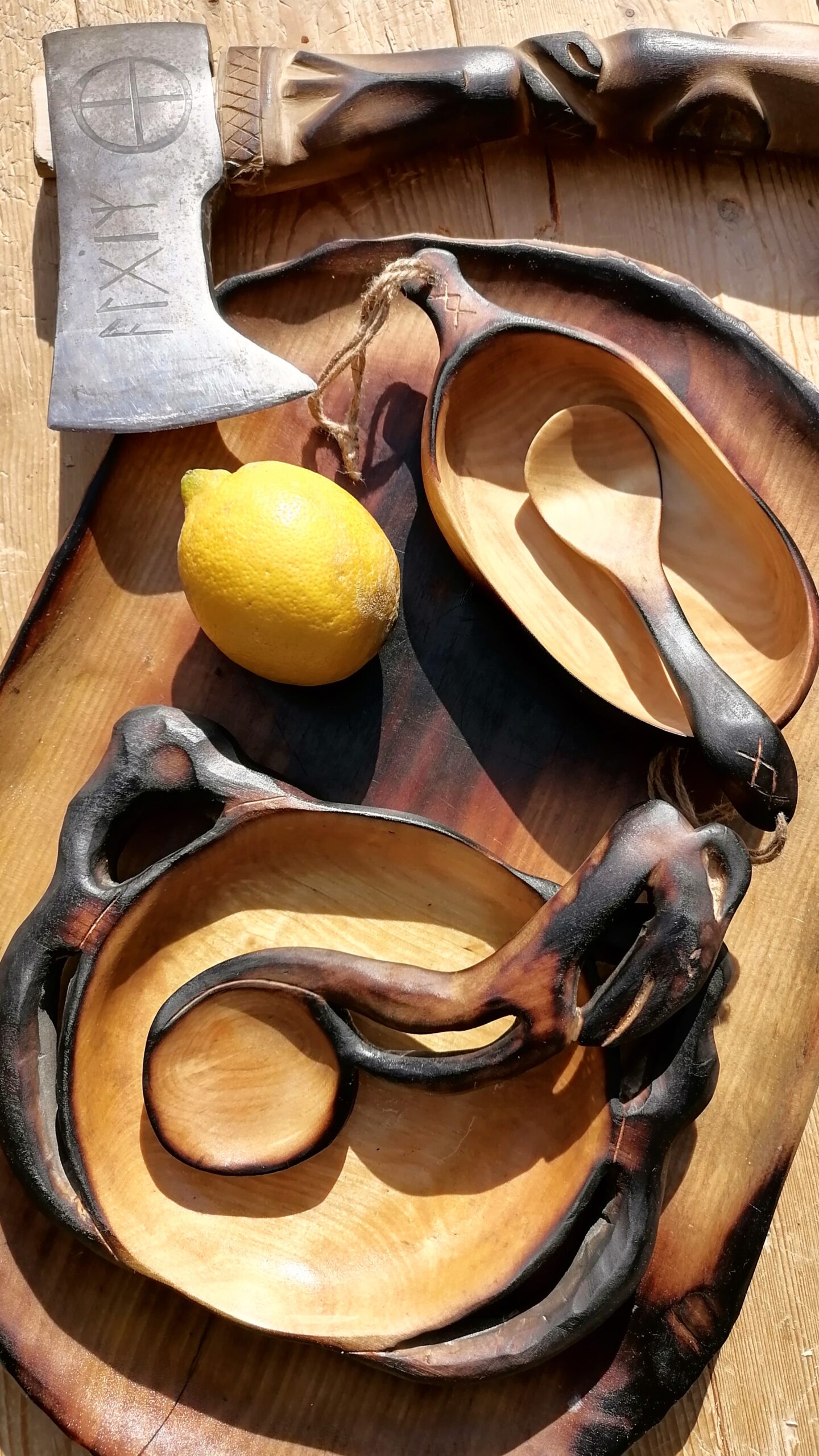 wooden dinner plate & wooden spoon set handmade in birch wood by Witaberget